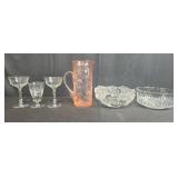 Vintage Glassware Lot with Goblets, Pitcher, and Decorative Bowls