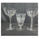 Vintage Glassware Lot with Goblets, Pitcher, and Decorative Bowls