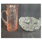 Vintage Glassware Lot with Goblets, Pitcher, and Decorative Bowls