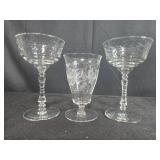 Vintage Glassware Lot with Goblets, Pitcher, and Decorative Bowls