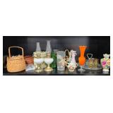 Assorted Vintage Glassware, Porcelain Vases, Pitchers and Wicker Baskets Collection