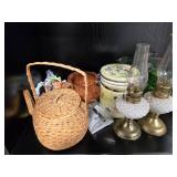 Assorted Vintage Glassware, Porcelain Vases, Pitchers and Wicker Baskets Collection