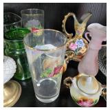 Assorted Vintage Glassware, Porcelain Vases, Pitchers and Wicker Baskets Collection