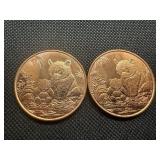 Two 2012 1 OZ Copper Rounds Panda Design