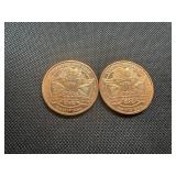 Two 2012 1 OZ Copper Rounds Panda Design