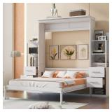 Harper & Bright Designs White Wood Frame Queen Size Murphy Bed, Wall Bed with Shelves, 4-Drawer and LED Lights