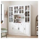 FUFU&GAGA White Wooden 63 in. W Food Pantry Cabinet Storage Organizer with Tempered Glass Doors, 2-Drawers, Adjustable Shelves