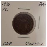 1870 Civil War Era Two-Cent Coin in Nice Condition for Being 155 Years Old
