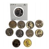 This lot is in A/U condition and includes 1958 Lincoln pennies, early 1960s quarters, and 1979-S Susan B. Anthony dollars.