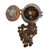 Estate Wheat Pennies, Various Dates and Mint Marks, over 4 lbs. Without the jar: 600+ pennies.