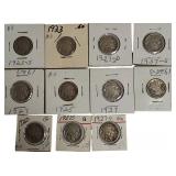 Old Buffalo Nickels from various years, in excellent condition, including some rare years and mint marks.