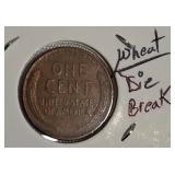 1944 Wheat Penny  VF-40 Brown  with a Die Break Error on the Reverse Side.