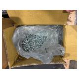 Pallet of Hardware, parts cabinet, a 6-shelf open metal storage unit, a black heavy-duty rail bin rack.