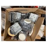 Pallet of Hardware, parts cabinet, a 6-shelf open metal storage unit, a black heavy-duty rail bin rack.