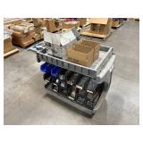 Utility Cart with slanted plastic bins holding hardware, box of coiled nails, and other items.