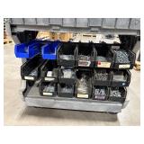Utility Cart with slanted plastic bins holding hardware, box of coiled nails, and other items.
