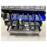 Utility Cart with slanted plastic bins holding hardware, box of coiled nails, and other items.