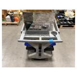 Utility Cart with slanted plastic bins holding hardware, box of coiled nails, and other items.