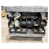 ULine Utility Cart with slanted plastic bins holding hardware and other items.