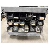 ULine Utility Cart with slanted plastic bins holding hardware and other items.