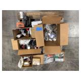 Pallet of spray paint, WD40, compressor oil, metal tape hardware, electrical box and fasteners