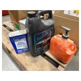 Pallet of spray paint, WD40, compressor oil, metal tape hardware, electrical box and fasteners