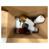 Pallet of spray paint, WD40, compressor oil, metal tape hardware, electrical box and fasteners