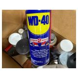 Pallet of spray paint, WD40, compressor oil, metal tape hardware, electrical box and fasteners
