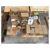 Pallet of: Caulk, Adhesive, PVC cement, Sealant, Primer, Paint rollers