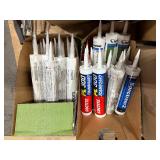 Pallet of: Caulk, Adhesive, PVC cement, Sealant, Primer, Paint rollers