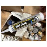 Pallet of: Caulk, Adhesive, PVC cement, Sealant, Primer, Paint rollers
