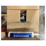 Pallet of: Caulk, Adhesive, PVC cement, Sealant, Primer, Paint rollers