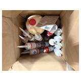 Pallet of: Caulk, Adhesive, PVC cement, Sealant, Primer, Paint rollers
