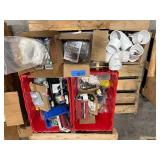 Pallet of Hardware, PVC Couplers, threaded rods, machine screws, and more