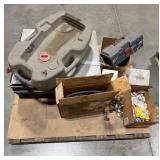 Pallet:metal shelves, copper adapters, steel wire, leveling feet, springs, hydraulic hose, oil catcher, tool box, 1/2" ball valve