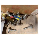 Pallet:metal shelves, copper adapters, steel wire, leveling feet, springs, hydraulic hose, oil catcher, tool box, 1/2" ball valve