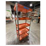 5-tier orange industrial shelf unit with 3" deep trays to prevent tools from slipping.