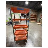 5-tier orange industrial shelf unit with 3" deep trays to prevent tools from slipping.