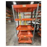 5-tier orange industrial shelf unit with 3" deep trays to prevent tools from slipping.