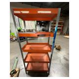 5-tier orange industrial shelf unit with 3" deep trays to prevent tools from slipping.