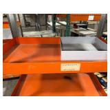 5-tier orange industrial shelf unit with 3" deep trays to prevent tools from slipping.