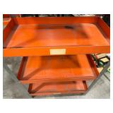 5-tier orange industrial shelf unit with 3" deep trays to prevent tools from slipping.