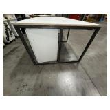 Steel base w/laminated 4x8 top: bottom has one side open, one side retrofitted w/drawers & 2-door cabinet