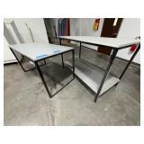 2 task tables laminated tops and black metal frames. Measurements 60" x 30" x 34" and 60" x 30" x 39"