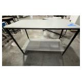 2 task tables laminated tops and black metal frames. Measurements 60" x 30" x 34" and 60" x 30" x 39"