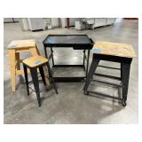 (3) work benches, metal w/wood top, all-wood table, black metal cart on casters. (1)stool w/metal frame