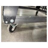 (3) work benches, metal w/wood top, all-wood table, black metal cart on casters. (1)stool w/metal frame