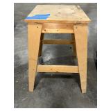 (3) work benches, metal w/wood top, all-wood table, black metal cart on casters. (1)stool w/metal frame
