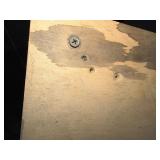 (3) work benches, metal w/wood top, all-wood table, black metal cart on casters. (1)stool w/metal frame