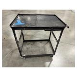 (3) work benches, metal w/wood top, all-wood table, black metal cart on casters. (1)stool w/metal frame
